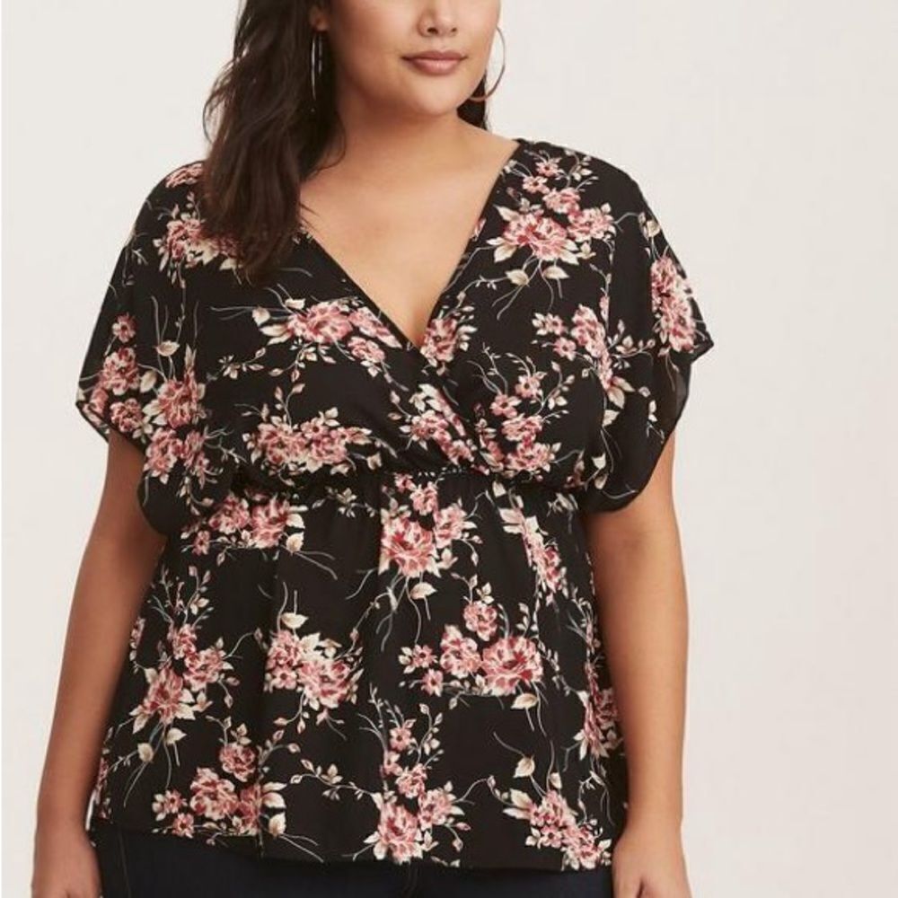 Torrid Deep V-Neck Floral Faux Wrap Georgette Tunic Top